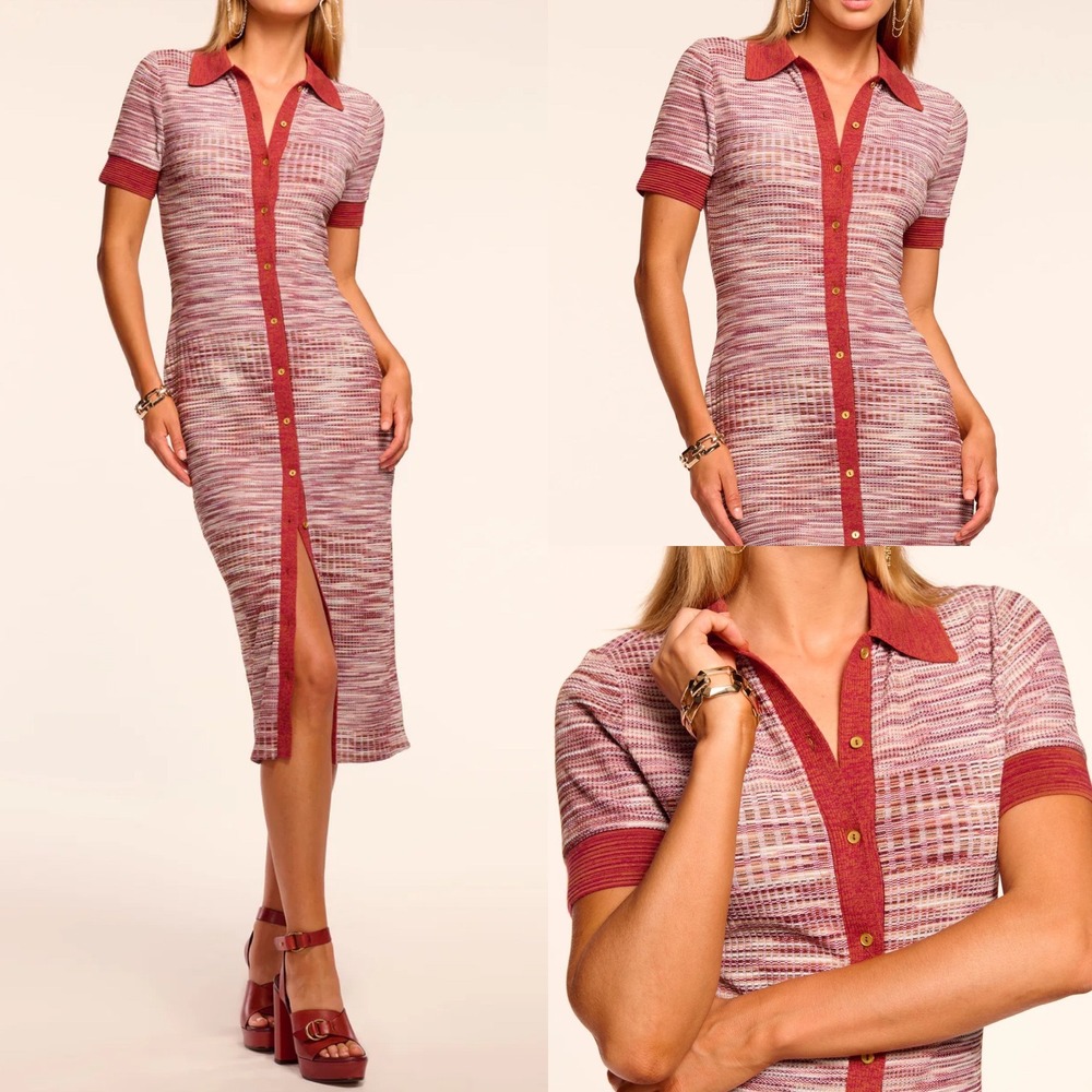 Ramy Brook Elite Button Front Midi Dress Knit Womens Size XL NEW Amber Spaced